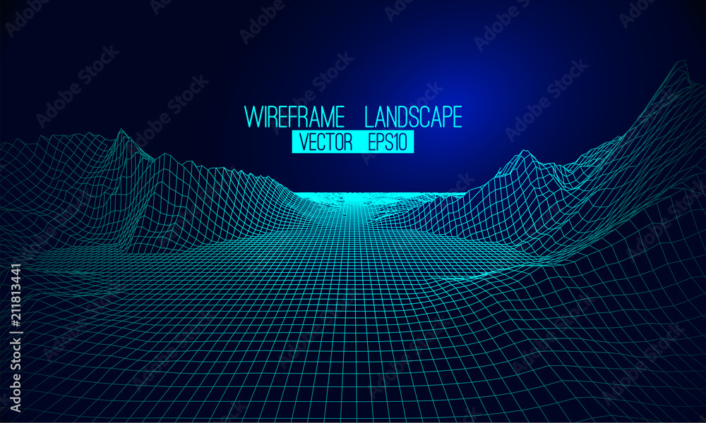 Abstract vector wireframe landscape background. Cyberspace grid. 3d