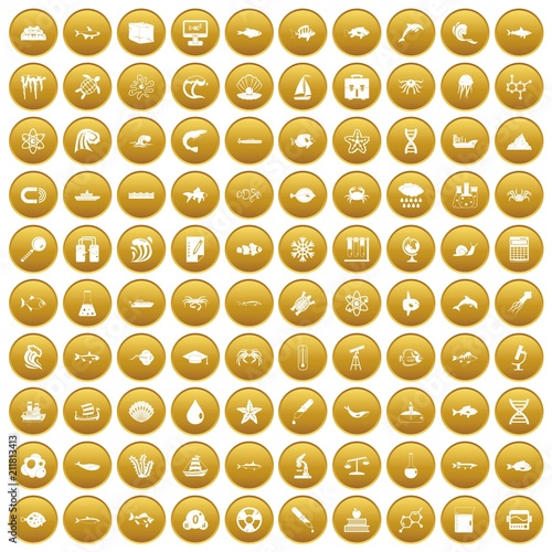 100 oceanology icons set in gold circle isolated on white vectr illustration