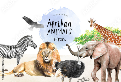 watercolor illustration of African animals: zebra, lion, ostrich, elephant, giraffe, eagle, southern savannah tree and stones, a set of drawings from the hands of animals in the zoo