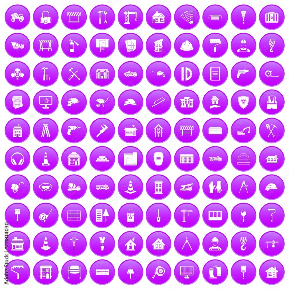 100 construction icons set in purple circle isolated on white vector illustration 100 construction icons set in purple circle isolated on white vector illustration