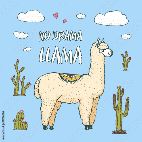 Cute Alpaca Llamas or wild guanaco on the background of Cactus and mountain. Funny smiling animals in Peru for cards, posters, invitations, t-shirts. Hand drawn Elements. Engraved sketch.