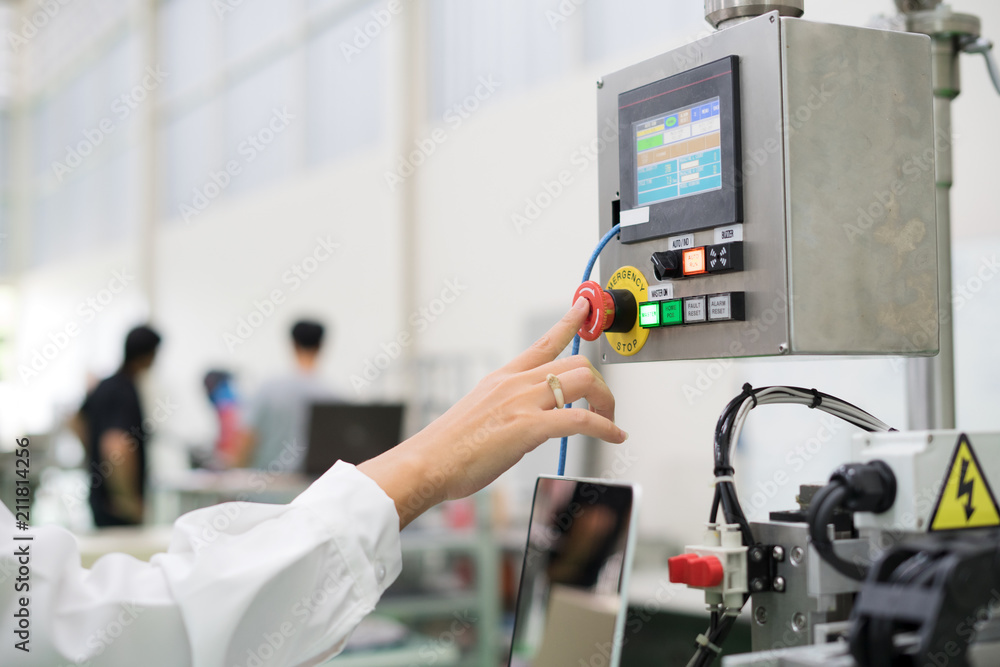 custom made wallpaper toronto digitalHand pressing the red emergency button or stop button for industrial machine, Emergency Stop for Safety.