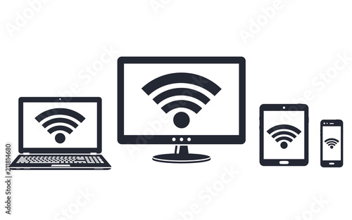 Digital display, laptop, tablet and smart phone icons with wifi symbol