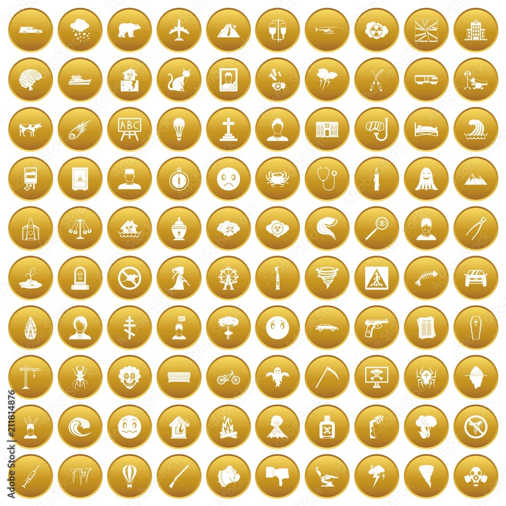 100 phobias icons set in gold circle isolated on white vectr illustration 100 phobias icons set in gold circle isolated on white vectr illustration