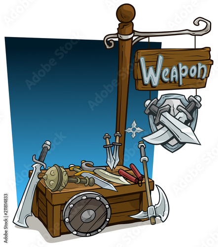 Cartoon steel weapon vendor booth or shop market wooden stand. Wooden sign with text Weapon. Vector icon for game.