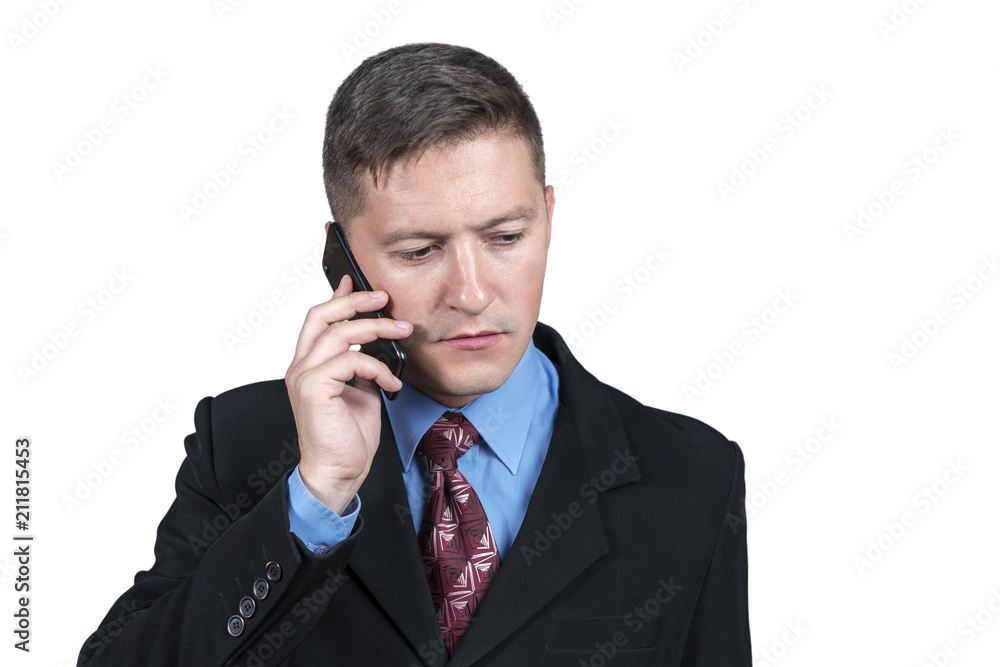 Portrait of serious businessman talking on smartphone, isolated on white background Portrait of serious businessman talking on smartphone, isolated on white background