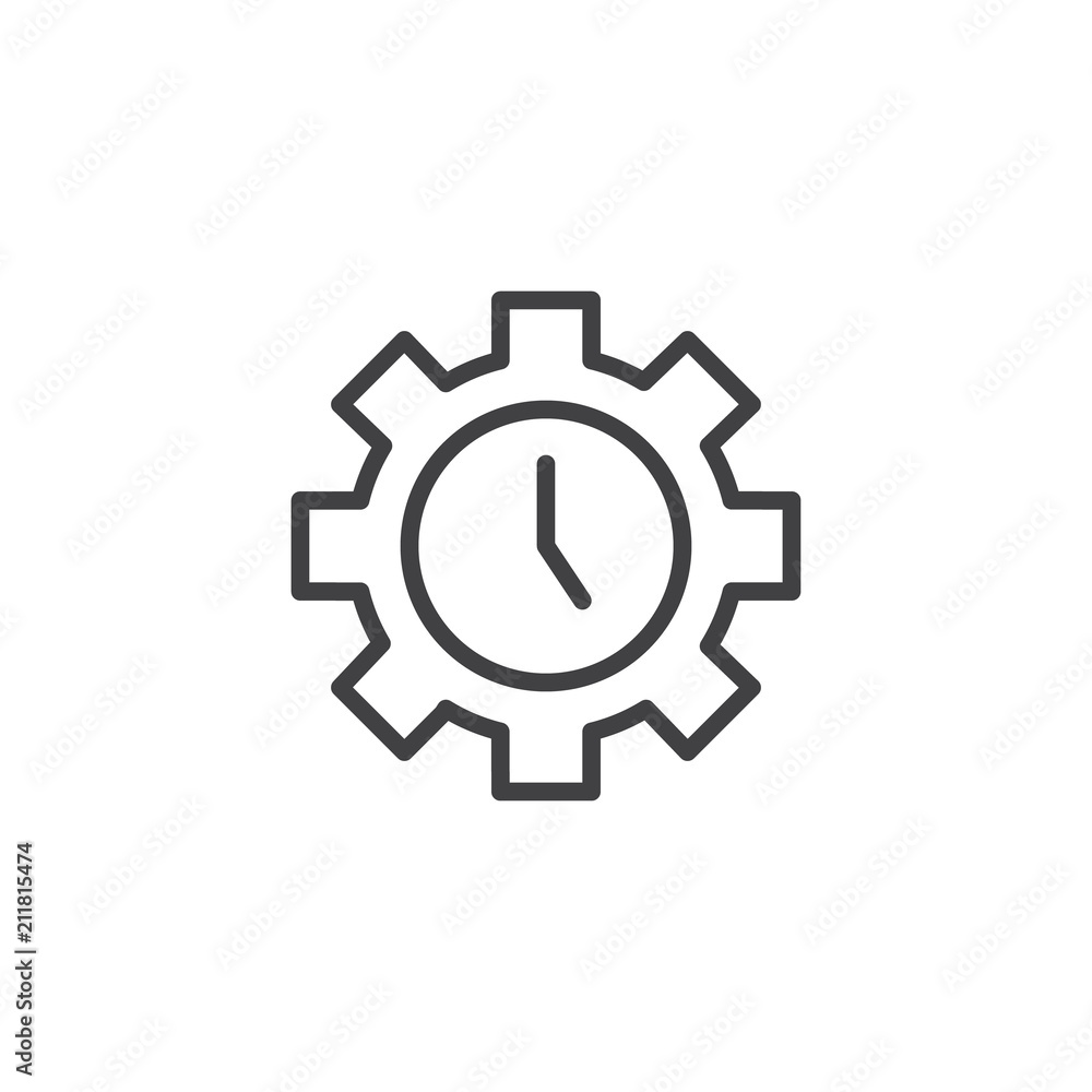 Gear clock outline icon. linear style sign for mobile concept and web design. Time management simple line vector icon. Symbol, logo illustration. Pixel perfect vector graphics Gear clock outline icon. linear style sign for mobile concept and web design. Time management simple line vector icon. Symbol, logo illustration. Pixel perfect vector graphics