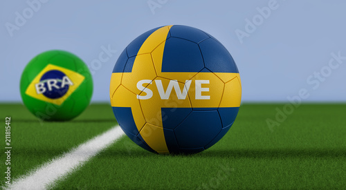 Brazil vs. Sweden Soccer Match - Soccer balls in Sweden and Brazil national colors on a soccer field - 3D Rendering 