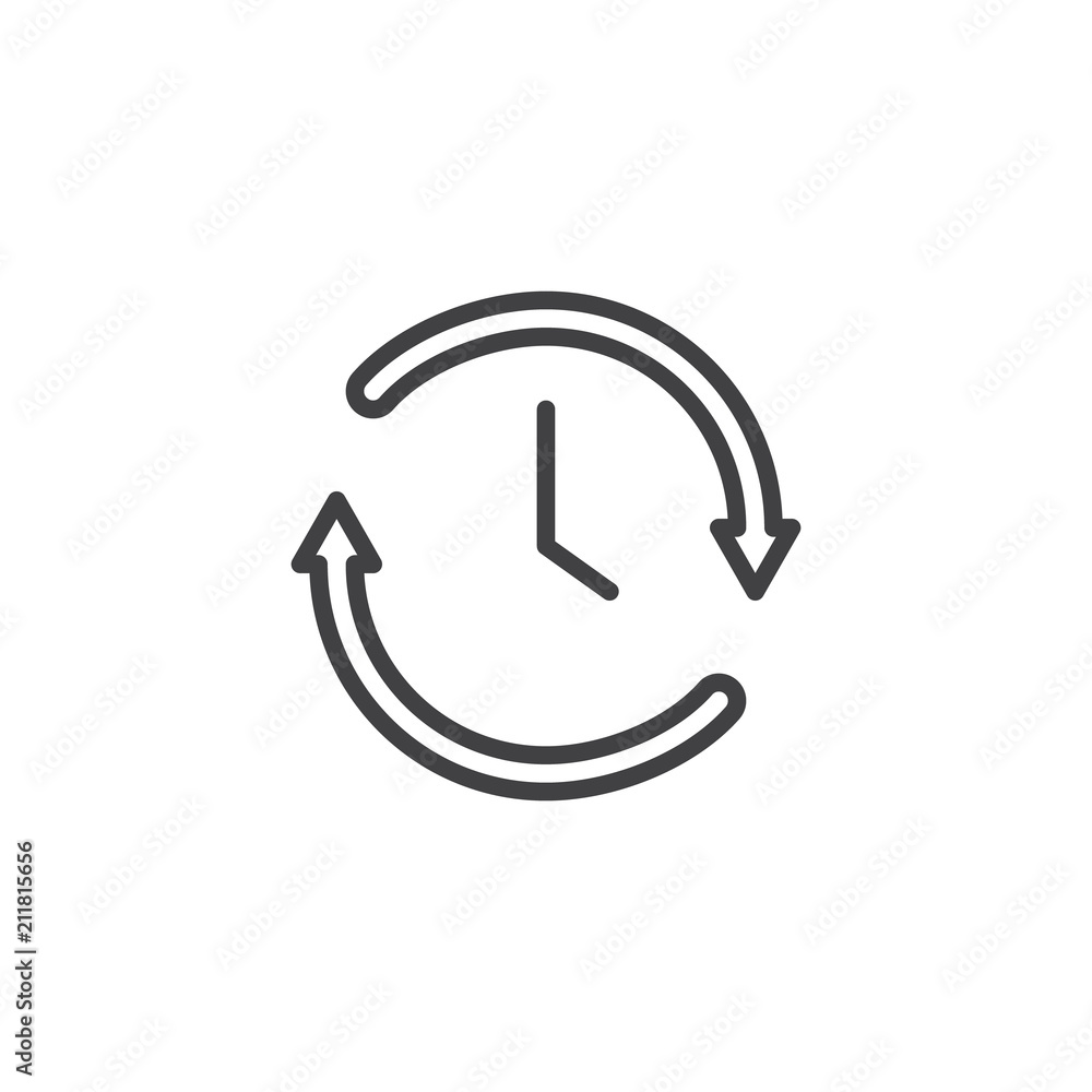 Clock and arrows around outline icon. linear style sign for mobile concept and web design. Update time simple line vector icon. History symbol, logo illustration. Pixel perfect vector graphics Clock and arrows around outline icon. linear style sign for mobile concept and web design. Update time simple line vector icon. History symbol, logo illustration. Pixel perfect vector graphics