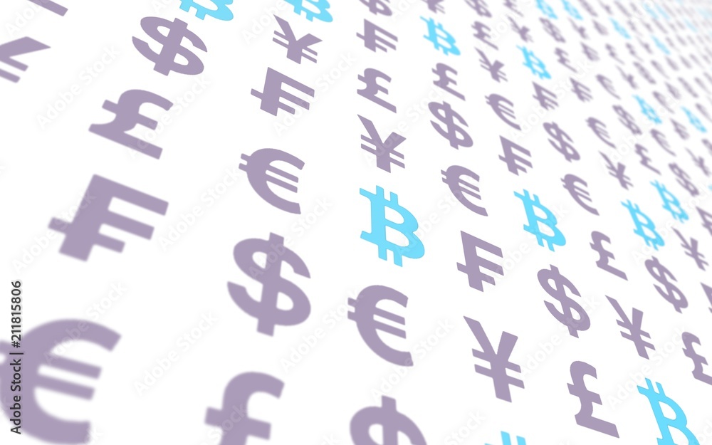 Bitcoin and currency on a white background. Digital Cryptocurrency symbol. Business concept. Market Display. 3D illustration Bitcoin and currency on a white background. Digital Cryptocurrency symbol. Business concept. Market Display. 3D illustration