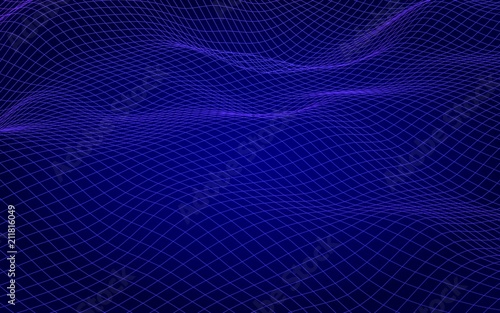 Abstract landscape on a blue background. Cyberspace grid. Hi-tech network, technology. 3D illustration