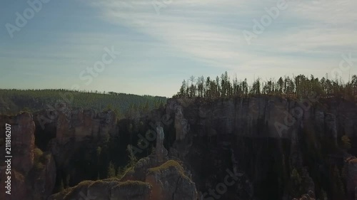 Lena Pillars. Natural rock formation along the banks of the Lena River in far eastern Siberia. The pillars are 150–300 metres high, and were formed in some of the Cambrian period sea-basins.