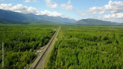 Bam road to Magadan in Siberia. Baikal-Amur Mainline. Russia. Aerial Dron Shot.