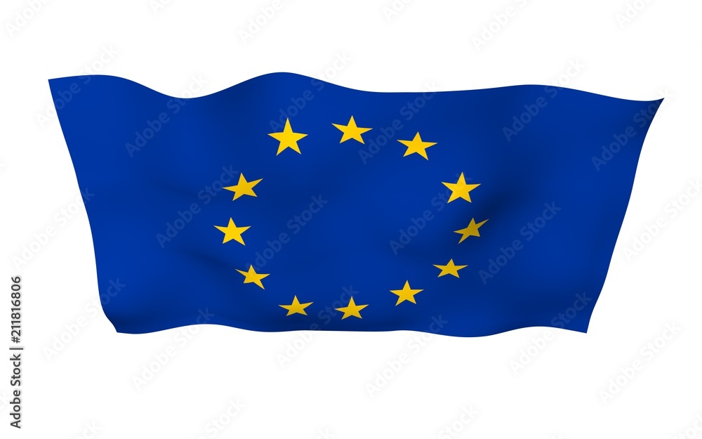 Slightly waving flag of the European Union isolated on white background, 3D rendering. Symbol of Europe. 3D illustration Slightly waving flag of the European Union isolated on white background, 3D rendering. Symbol of Europe. 3D illustration