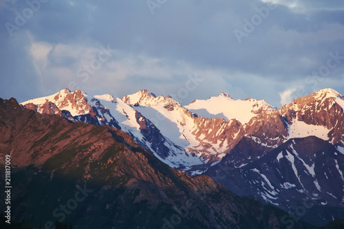 Rocky mountain landscape at sunrise in the Kok Zhailau near the city of Almaty, Kazakhstan, central Asia photo