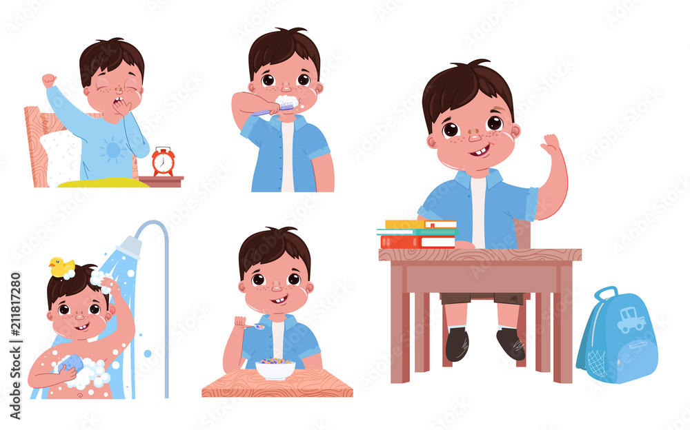 The daily routine of the child is a boy. Going back to school. Wake up and brushes teeth, takes a shower and eat has breakfast