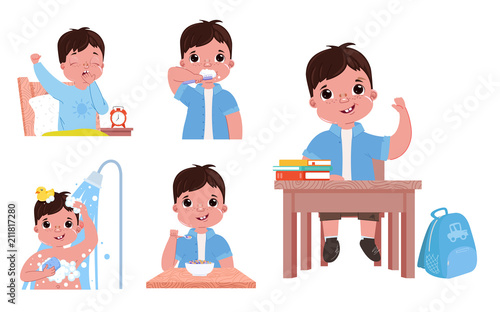 The daily routine of the child is a boy. Going back to school. Wake up and brushes teeth, takes a shower and eat has breakfast