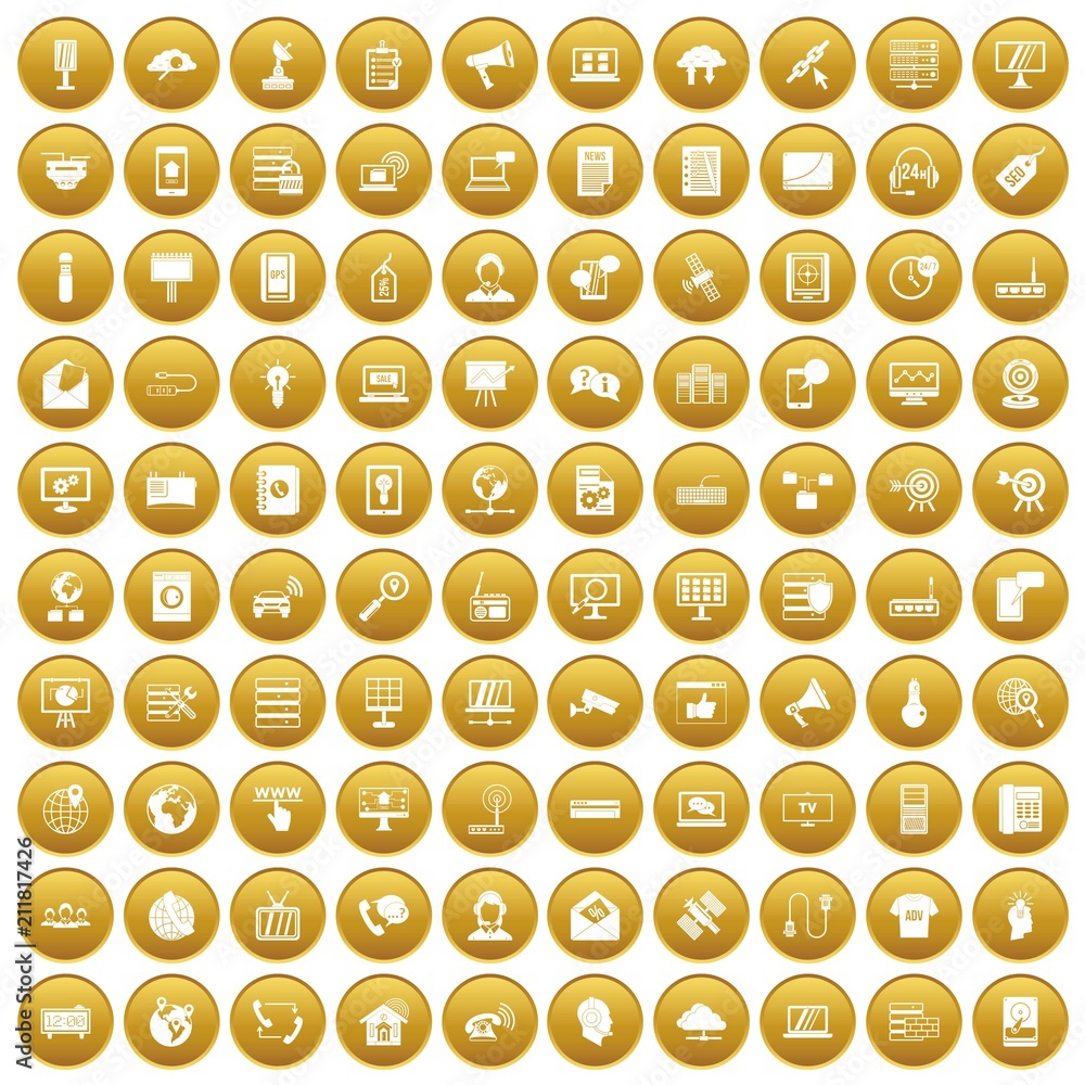 100 telecommunication icons set in gold circle isolated on white vectr illustration 100 telecommunication icons set in gold circle isolated on white vectr illustration