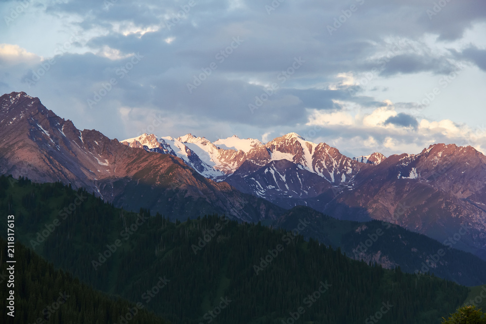 Rocky mountain landscape at sunrise in the Kok Zhailau near the city of Almaty, Kazakhstan, central Asia