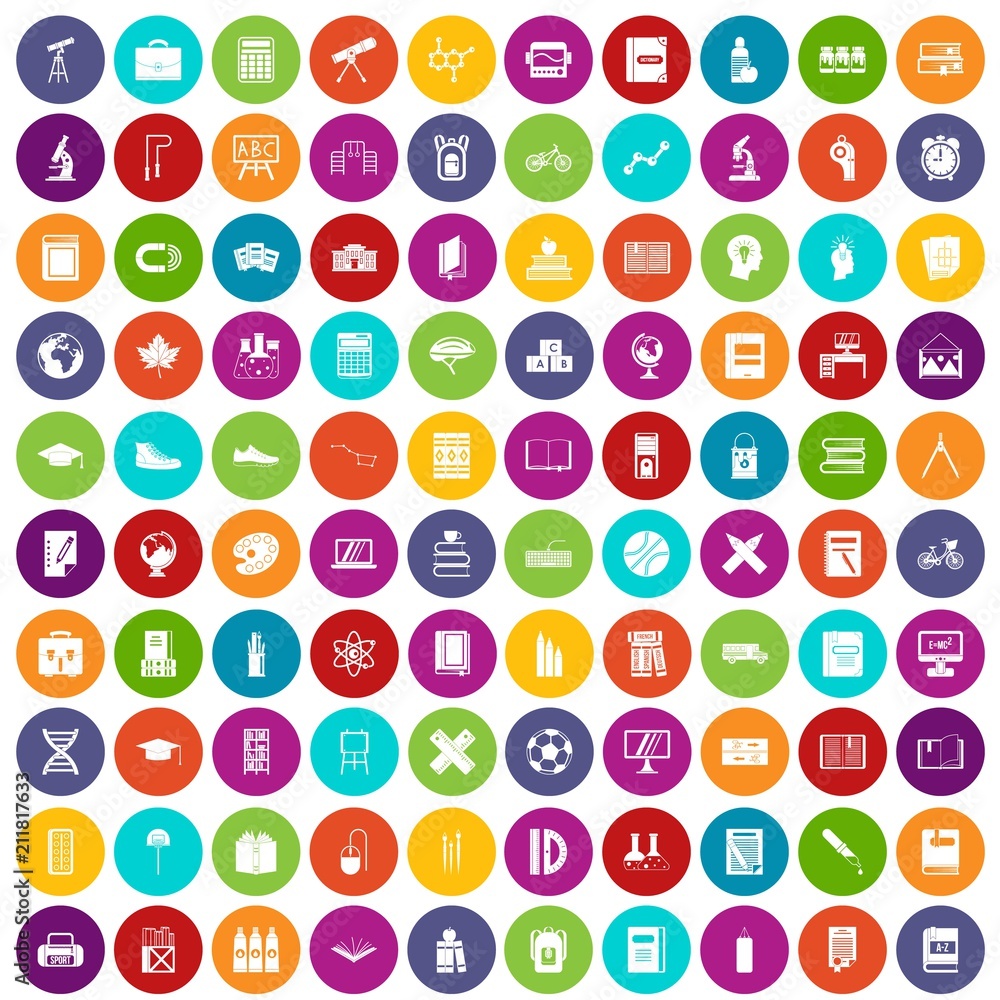 100 school icons set in different colors circle isolated vector illustration