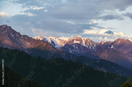 Rocky mountain landscape at sunrise in the Kok Zhailau near the city of Almaty  Kazakhstan  central Asia