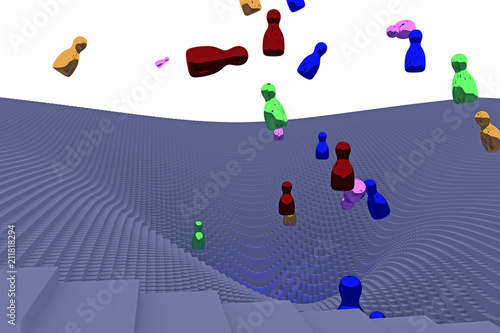 3d-Illustration von frei fallenden, glänzenden Figuren (Rotationskörper) über einer Landschaft von Potentialtrichtern, die aus Hunderten von länglichen Quadern mit quadratischer Grundfläche besteht