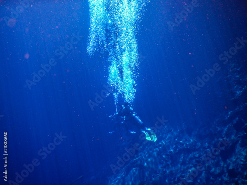 Practicing diving and snorkeling, mysterious lagoon, beautiful lagoon of transparent turquoise blue water, located in the city of Bonito, Mato Grosso do Sul, Brazil