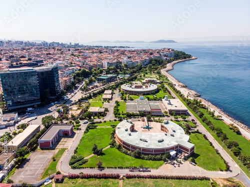 Istanbul, Turkey - May 23, 2018: Aerial Drone View of Water Treatment Plant Near Seaside in Kadikoy Square in Istanbul