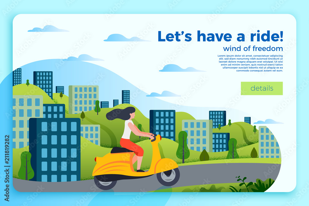 Naklejka premium Vector bright banner template with girl on a motorbike. City and green hills on a bright blue background.