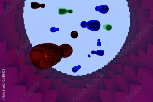 3d-Illustration von frei fallenden, glänzenden Figuren (Rotationskörper) über einer Landschaft von Potentialtrichtern, die aus Hunderten von länglichen Quadern mit quadratischer Grundfläche besteht