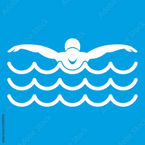 Butterfly swimmer icon white isolated on blue background vector illustration