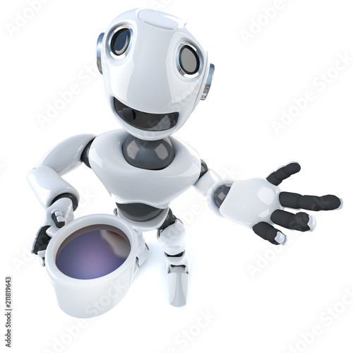 3d Funny cartoon robot character drinking a cup of coffee