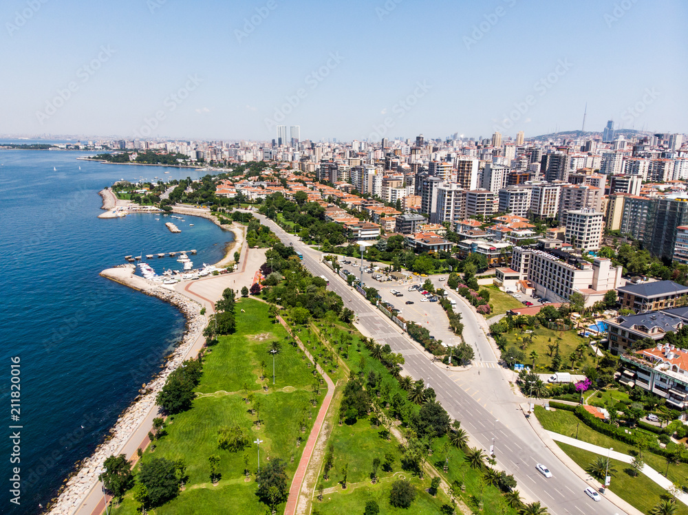 Istanbul, Turkey - February 23, 2018: Aerial Drone View of Istanbul Suadiye Seaside with Carpark