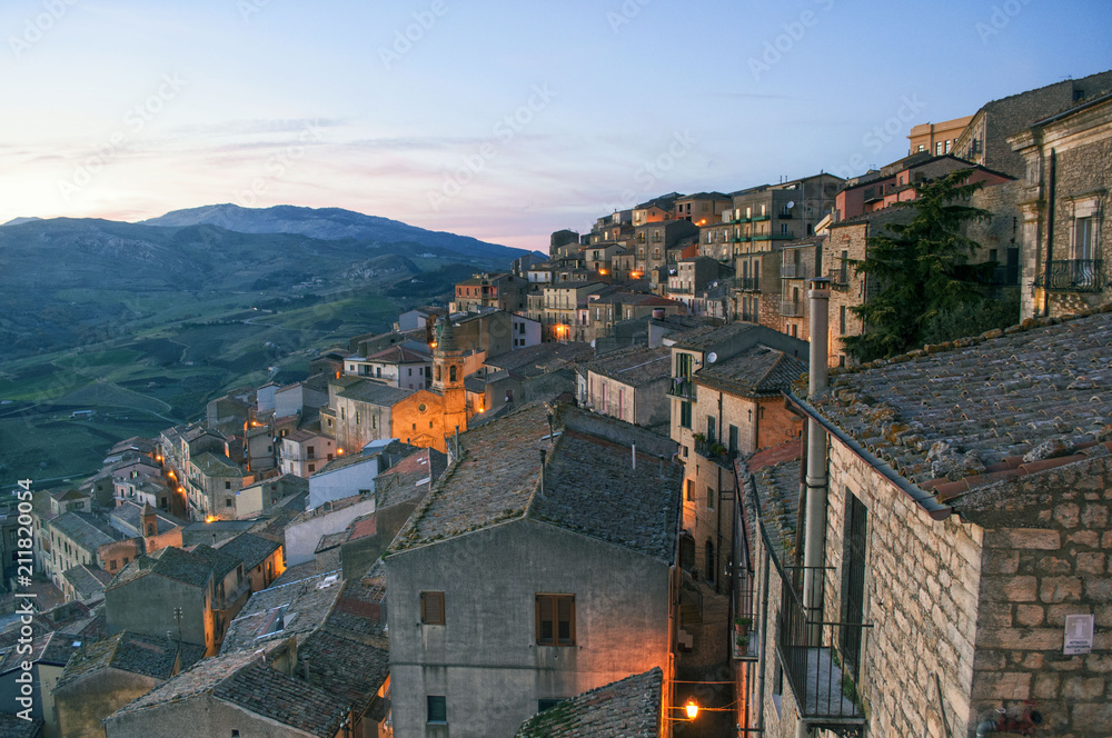 The stunning landmark from the viewpoint in the Sicilian village of Gangi. Madonie Mountains. Sicily. Italy. Unesco heritage site.