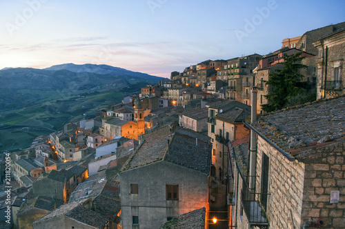 The stunning landmark from the viewpoint in the Sicilian village of Gangi. Madonie Mountains. Sicily. Italy. Unesco heritage site.