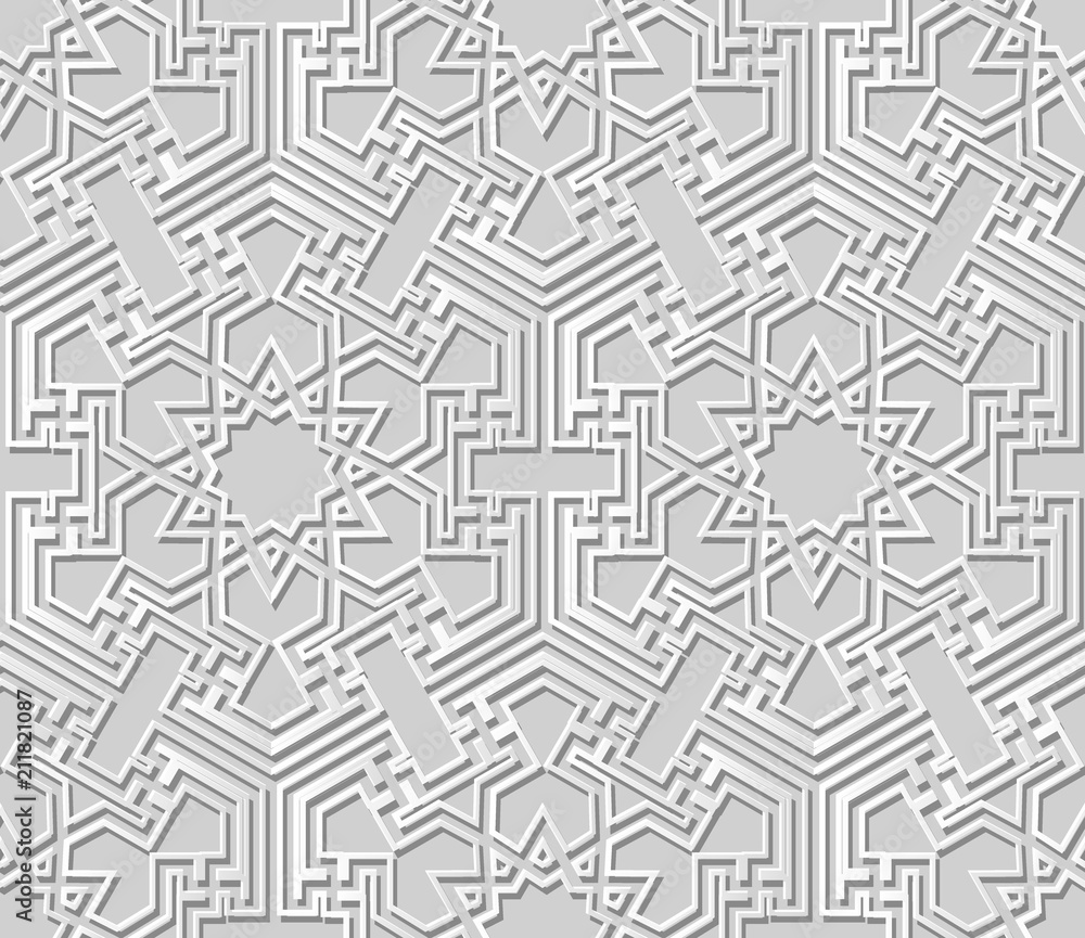 3D white paper art Islamic geometry cross pattern seamless background