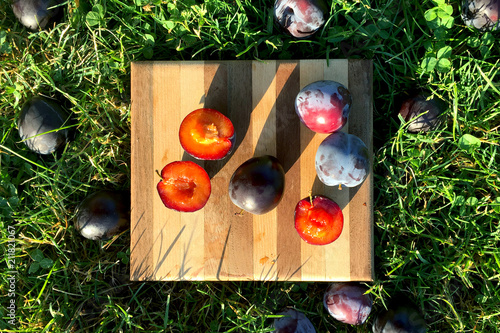 Santa Rosa Plums in California (Overhead on Cutting Board) photo