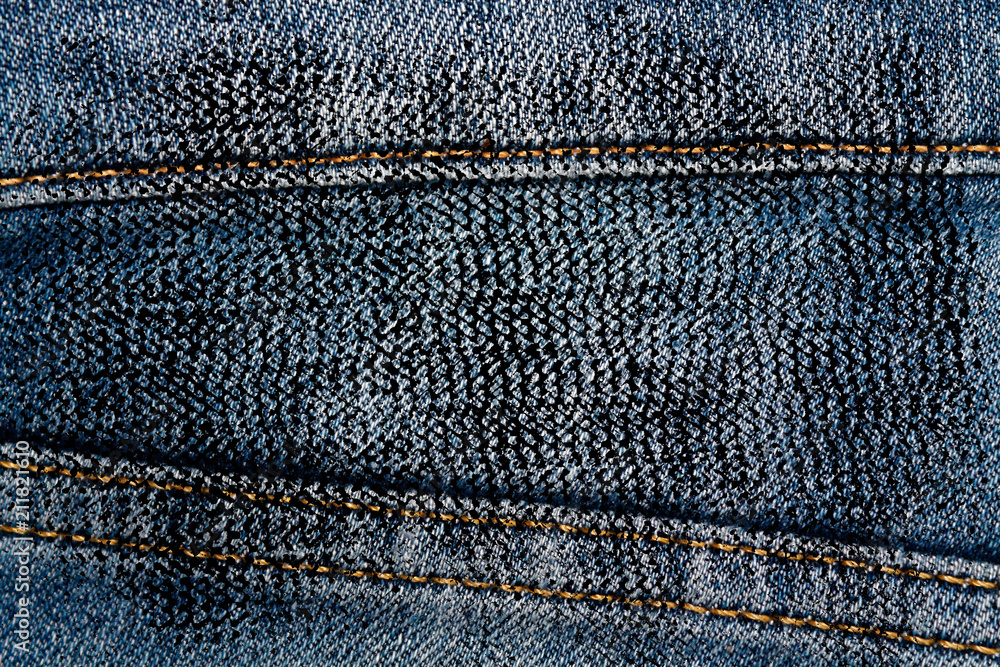 Grunge dirty Closeup of obsolete blue jeans laces Denim texture, macro background for web site or mobile devices