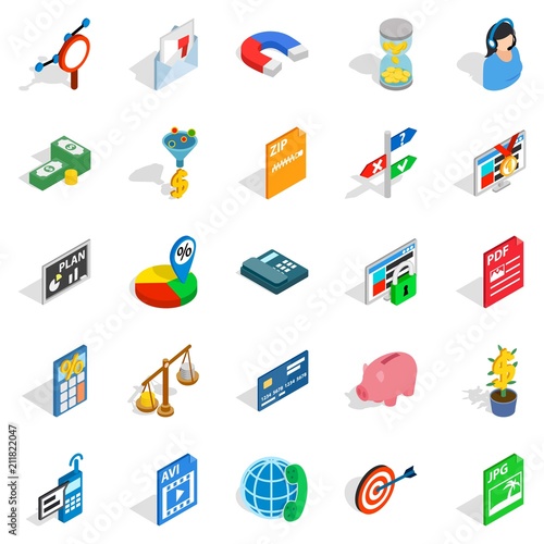 Biz icons set. Isometric set of 25 biz vector icons for web isolated on white background
