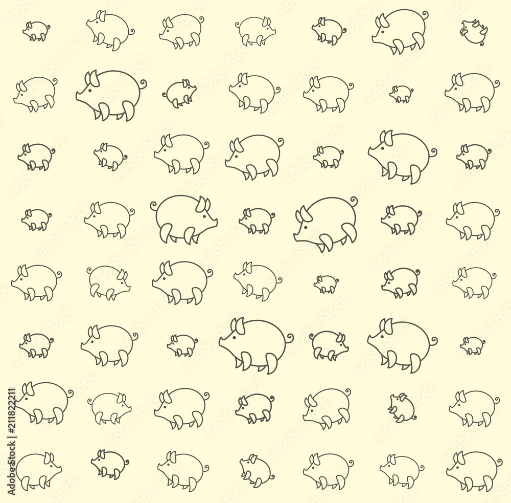 Piglets large and small funny against a pale yellow background. Seamless pattern with cartoon pig. - obrazy, fototapety, plakaty 