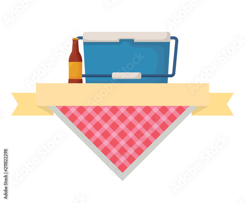 picnic emblem with food cooler and beer bottle over white background, vector illustration