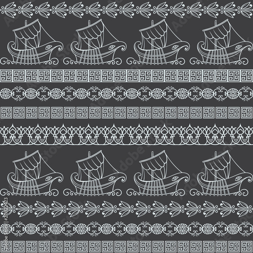Seamless pattern with ancient greek ships and ornament. Traditional ethnic background. Vintage vector illustration 