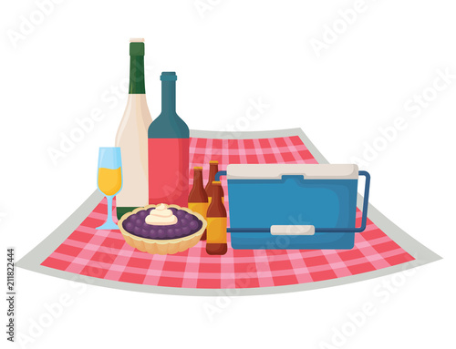 picnic tablecloth with cooler and food over white background, vector illustration