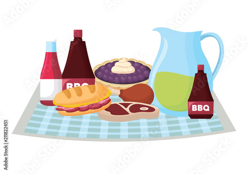 picnic tablecloth with lemonade pitcher and food over white background, vector illustration