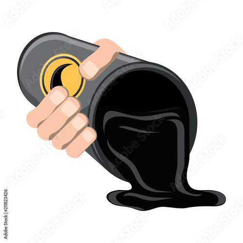 hand holding a oil Barrel with spilled liquid icon over white background, vector illustration