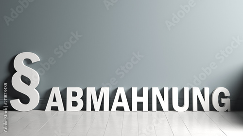 Photos Paragraf-Symbol und das Wort Abmahnung in gerenderter 3D Umgebung