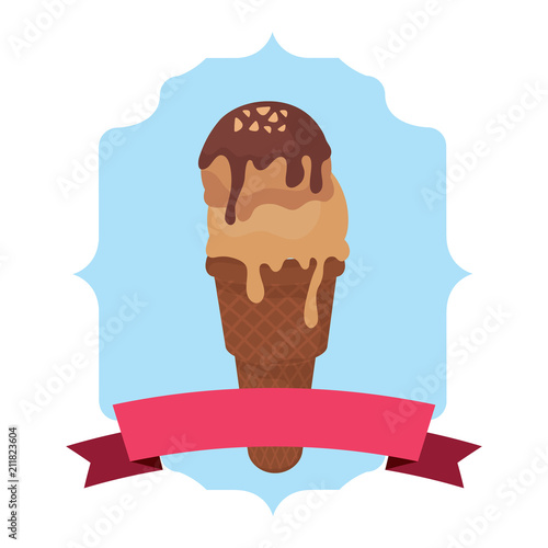 Vintage frame with chocolate ice cream and decorative ribbon over white background, vector illustration
