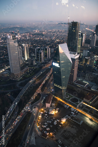 background image city view from a skyscraper at sunset. Istanbul at evening. View from Sapphire skyscraper. Skyscrapers and modern office buildings at Levent District
