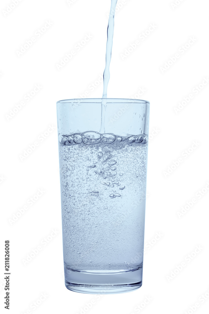 pouring mineral water in transparent glass with drops and bubbles isolated over white background, close up pouring mineral water in transparent glass with drops and bubbles isolated over white background, close up