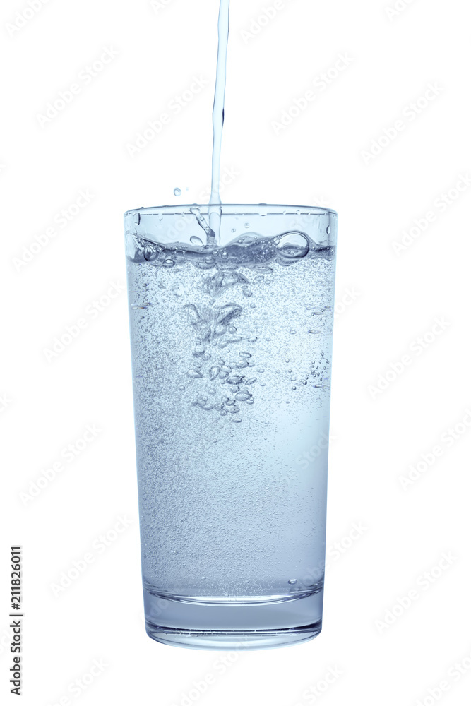 pouring mineral water in transparent glass with spray and bubbles isolated over white background, close up pouring mineral water in transparent glass with spray and bubbles isolated over white background, close up